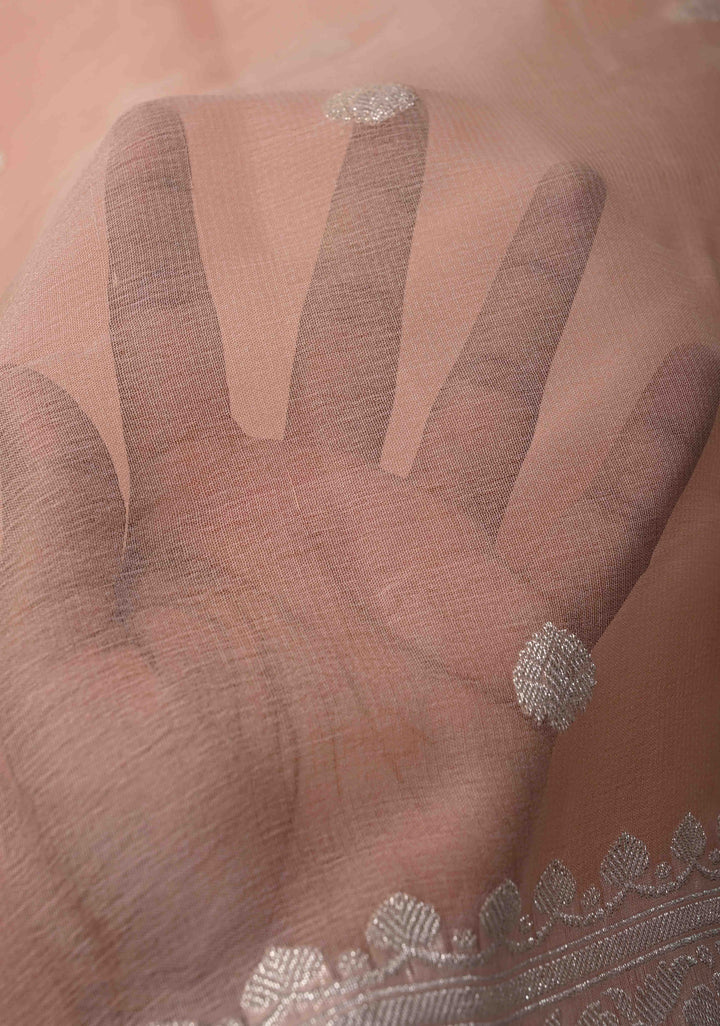 Blush Peach Pure Chiffon Silk Saree with Silver Zari Buttas and Border | SILK MARK CERTIFIED