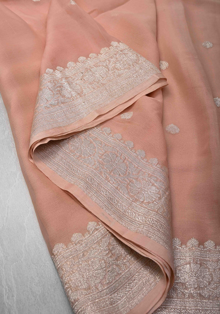 Blush Peach Pure Chiffon Silk Saree with Silver Zari Buttas and Border | SILK MARK CERTIFIED