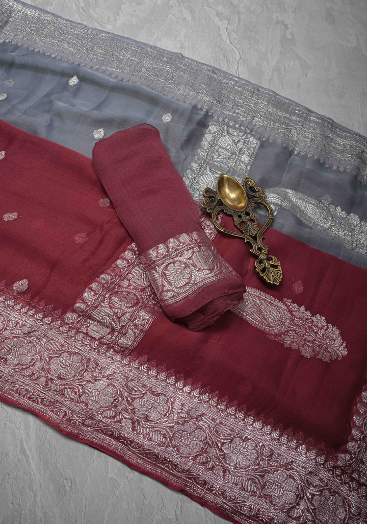 Ombre Pure Silk Banarasi Chiffon Saree in Maroon & Gray with Zari Buttas & Border | SILK MARK CERTIFIED