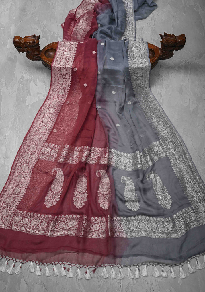 Ombre Pure Silk Banarasi Chiffon Saree in Maroon & Gray with Zari Buttas & Border | SILK MARK CERTIFIED