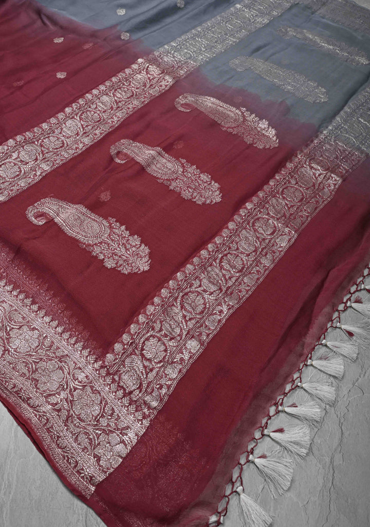 Ombre Pure Silk Banarasi Chiffon Saree in Maroon & Gray with Zari Buttas & Border | SILK MARK CERTIFIED