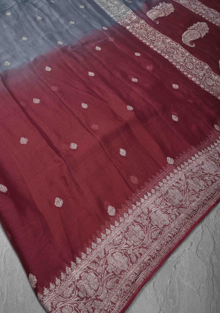 Ombre Pure Silk Banarasi Chiffon Saree in Maroon & Gray with Zari Buttas & Border | SILK MARK CERTIFIED