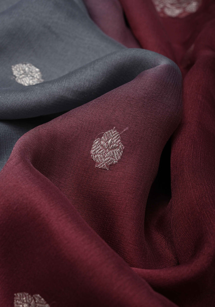 Ombre Pure Silk Banarasi Chiffon Saree in Maroon & Gray with Zari Buttas & Border | SILK MARK CERTIFIED