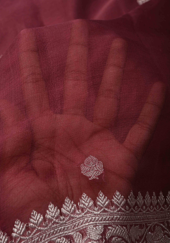 Ombre Pure Silk Banarasi Chiffon Saree in Maroon & Gray with Zari Buttas & Border | SILK MARK CERTIFIED
