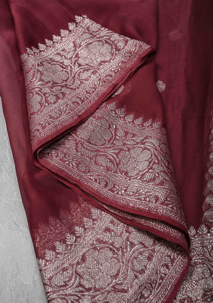 Ombre Pure Silk Banarasi Chiffon Saree in Maroon & Gray with Zari Buttas & Border | SILK MARK CERTIFIED