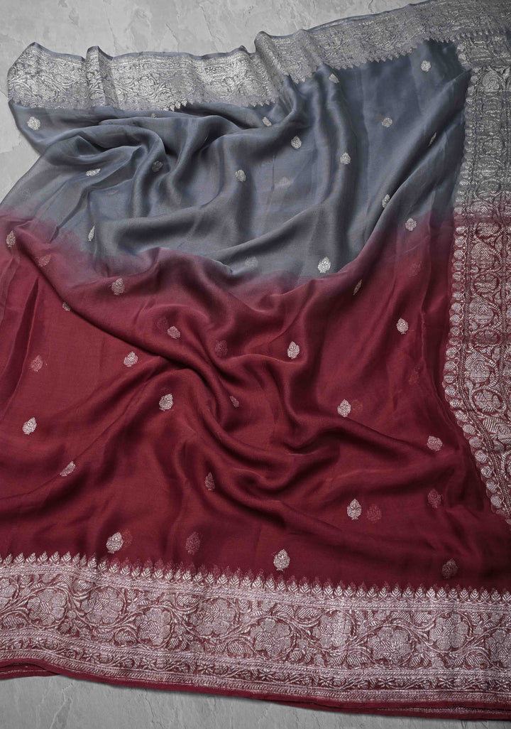 Ombre Pure Silk Banarasi Chiffon Saree in Maroon & Gray with Zari Buttas & Border | SILK MARK CERTIFIED
