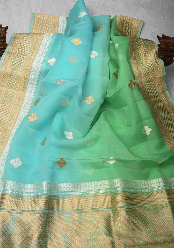 Stunning Banarasi Pure Organza Silk Saree in Green And Blue Ombre with Sona Rupa zari buttas and Border| SILK MARK CERTIFIED
