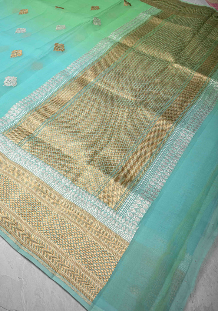 Stunning Banarasi Pure Organza Silk Saree in Green And Blue Ombre with Sona Rupa zari buttas and Border| SILK MARK CERTIFIED