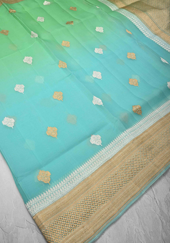 Stunning Banarasi Pure Organza Silk Saree in Green And Blue Ombre with Sona Rupa zari buttas and Border| SILK MARK CERTIFIED