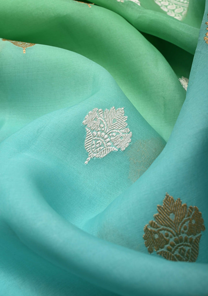 Stunning Banarasi Pure Organza Silk Saree in Green And Blue Ombre with Sona Rupa zari buttas and Border| SILK MARK CERTIFIED