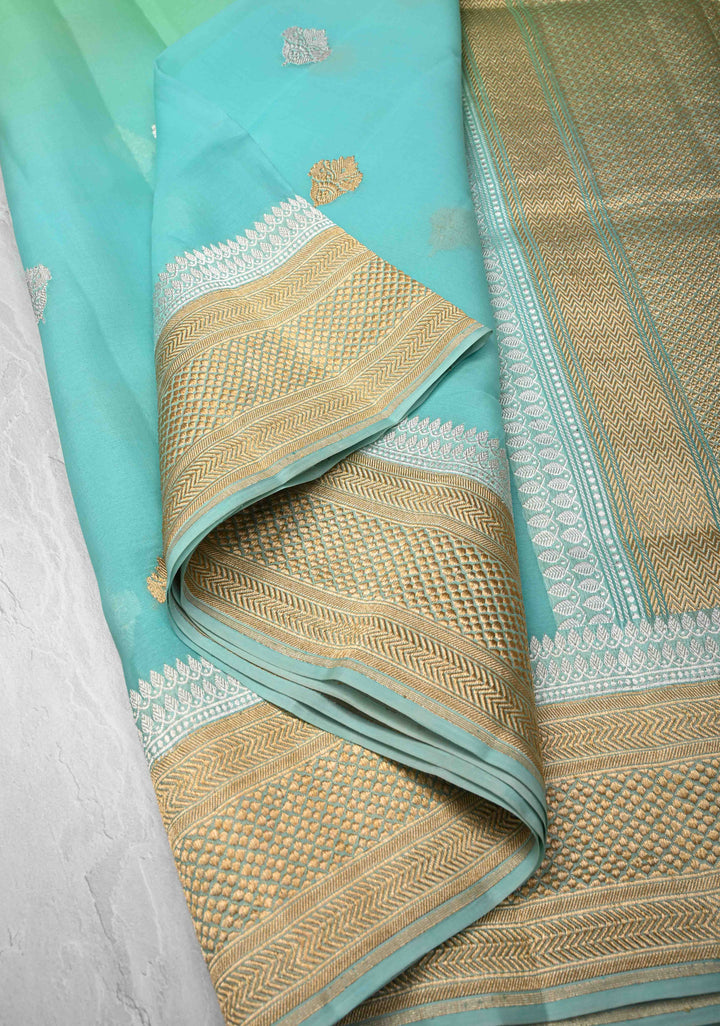Stunning Banarasi Pure Organza Silk Saree in Green And Blue Ombre with Sona Rupa zari buttas and Border| SILK MARK CERTIFIED