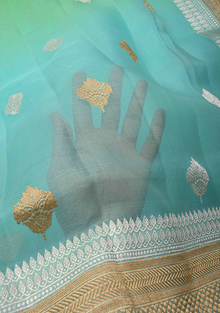 Stunning Banarasi Pure Organza Silk Saree in Green And Blue Ombre with Sona Rupa zari buttas and Border| SILK MARK CERTIFIED