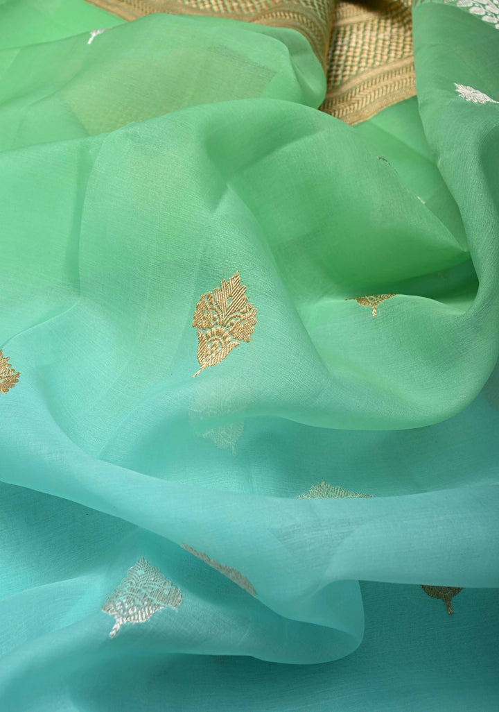 Stunning Banarasi Pure Organza Silk Saree in Green And Blue Ombre with Sona Rupa zari buttas and Border| SILK MARK CERTIFIED