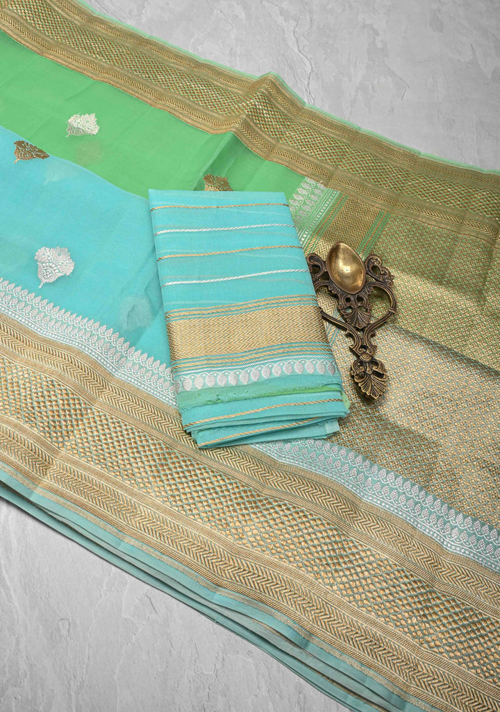 Stunning Banarasi Pure Organza Silk Saree in Green And Blue Ombre with Sona Rupa zari buttas and Border| SILK MARK CERTIFIED