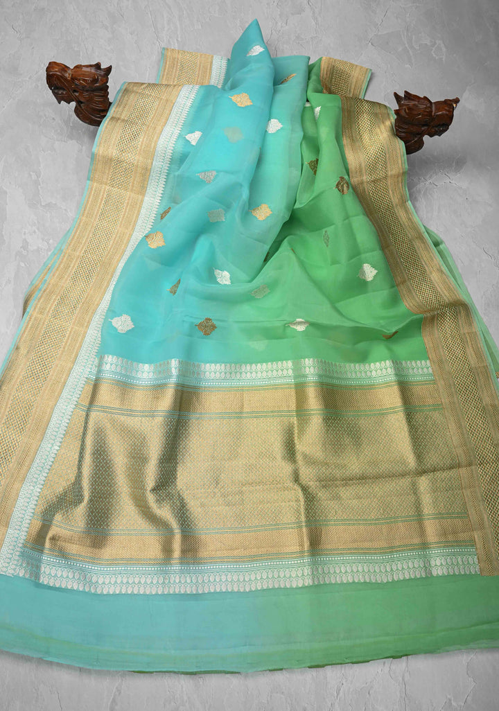 Stunning Banarasi Pure Organza Silk Saree in Green And Blue Ombre with Sona Rupa zari buttas and Border| SILK MARK CERTIFIED
