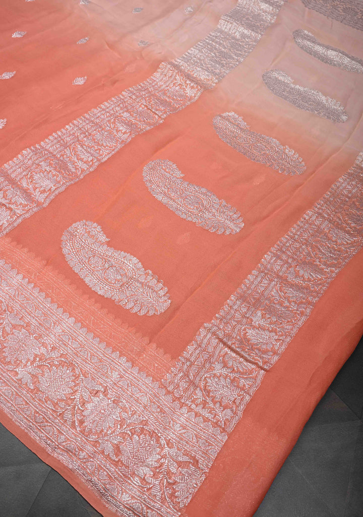 Ombre Pure Silk Banarasi Chiffon Saree in Shades of Peach and Salmon with Zari Buttas and Border | SILK MARK CERTIFIED