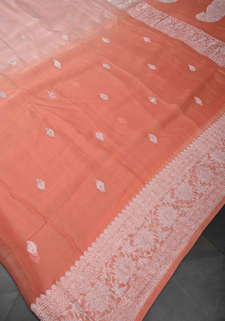 Ombre Pure Silk Banarasi Chiffon Saree in Shades of Peach and Salmon with Zari Buttas and Border | SILK MARK CERTIFIED