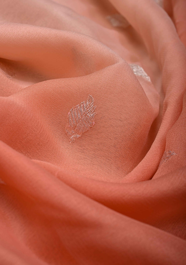 Ombre Pure Silk Banarasi Chiffon Saree in Shades of Peach and Salmon with Zari Buttas and Border | SILK MARK CERTIFIED