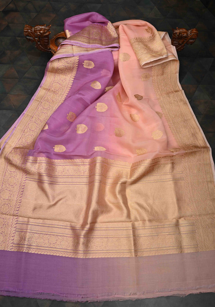 Stunning Banarasi Pure Organza Silk Saree in Thistle-Pink Ombre with Floral buttas and Zari Border  | SILK MARK CERTIFIED