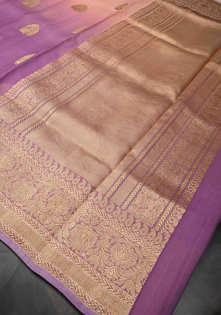Stunning Banarasi Pure Organza Silk Saree in Thistle-Pink Ombre with Floral buttas and Zari Border  | SILK MARK CERTIFIED