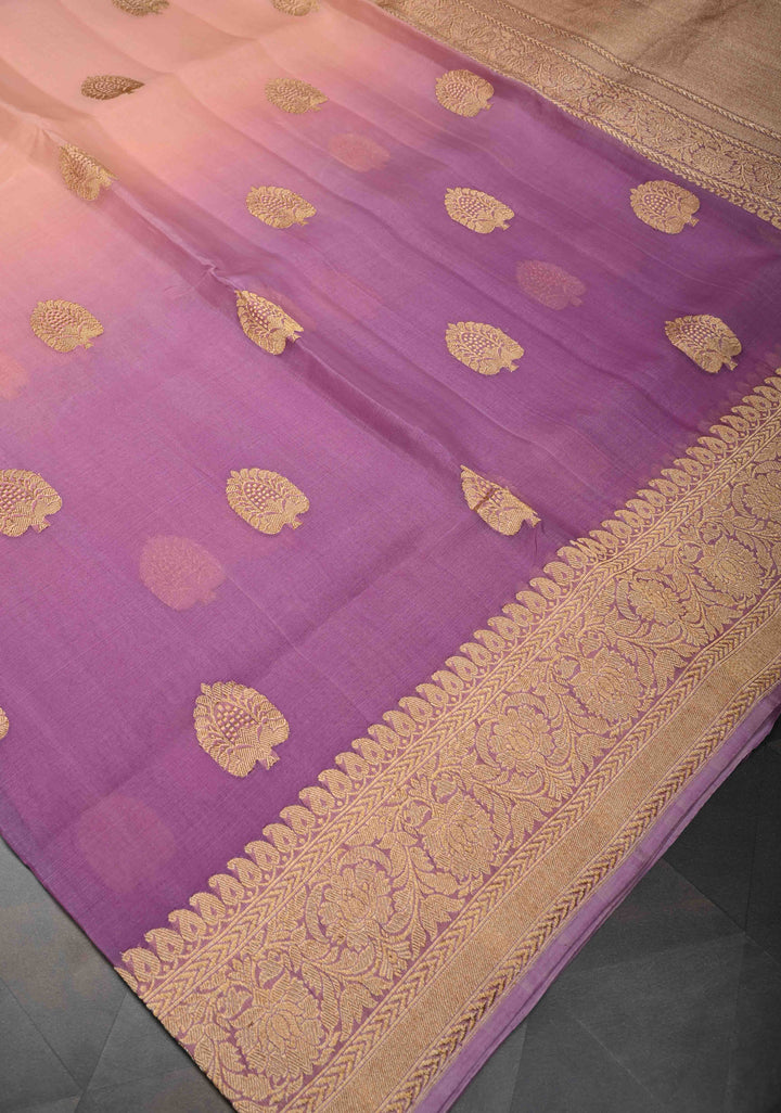 Stunning Banarasi Pure Organza Silk Saree in Thistle-Pink Ombre with Floral buttas and Zari Border  | SILK MARK CERTIFIED