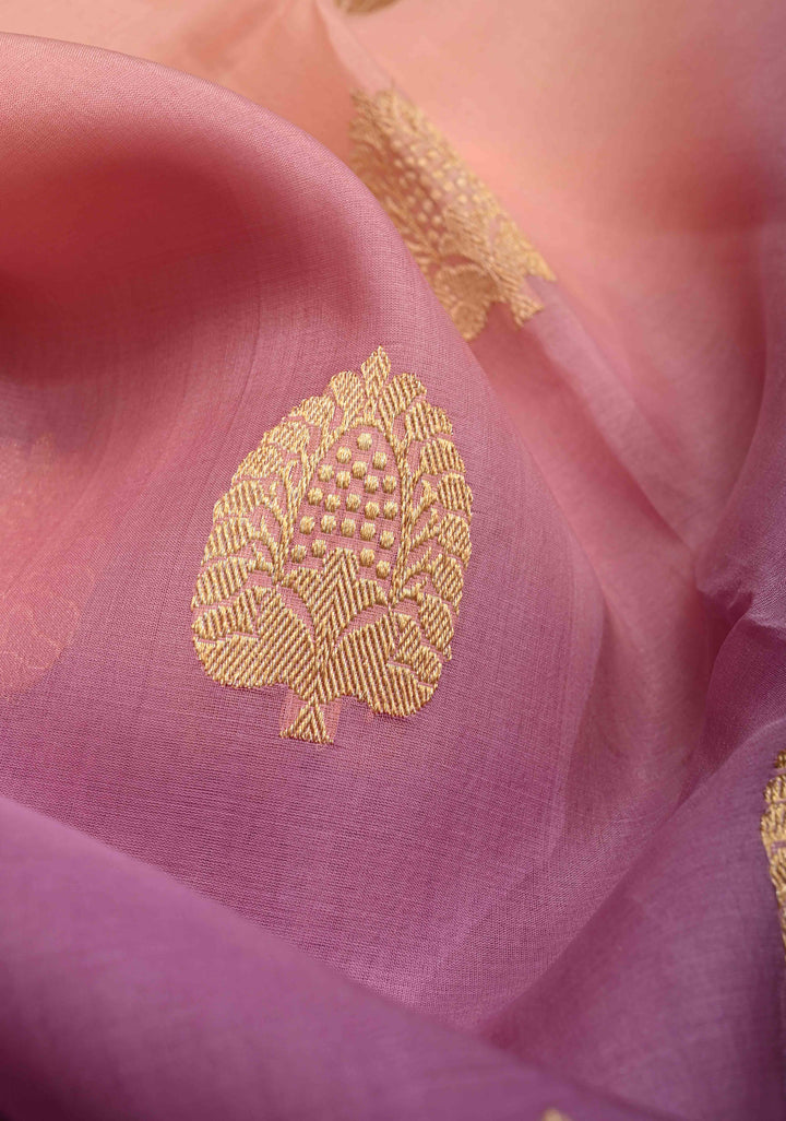 Stunning Banarasi Pure Organza Silk Saree in Thistle-Pink Ombre with Floral buttas and Zari Border  | SILK MARK CERTIFIED