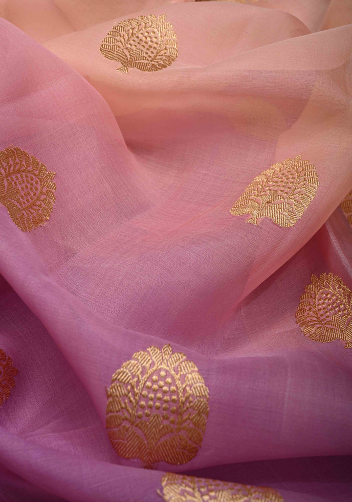 Stunning Banarasi Pure Organza Silk Saree in Thistle-Pink Ombre with Floral buttas and Zari Border  | SILK MARK CERTIFIED