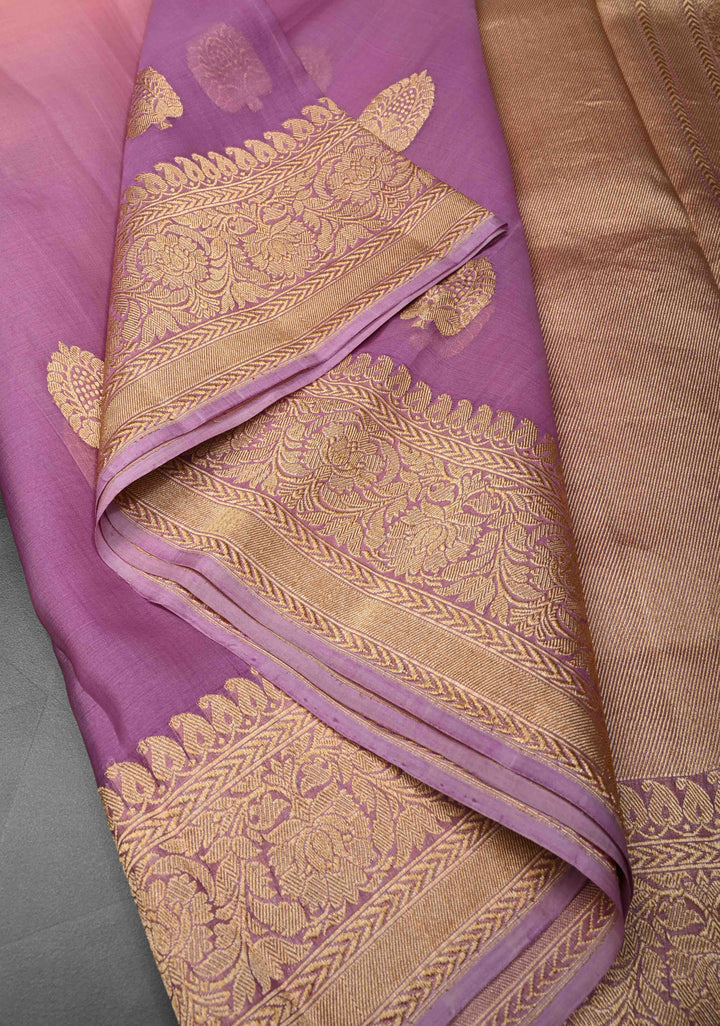 Stunning Banarasi Pure Organza Silk Saree in Thistle-Pink Ombre with Floral buttas and Zari Border  | SILK MARK CERTIFIED