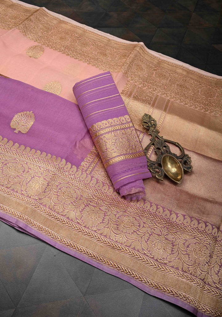 Stunning Banarasi Pure Organza Silk Saree in Thistle-Pink Ombre with Floral buttas and Zari Border  | SILK MARK CERTIFIED