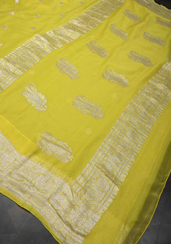 Yellow Pure Chiffon Silk Saree with Silver tone Zari Buttas and Border | SILK MARK CERTIFIED