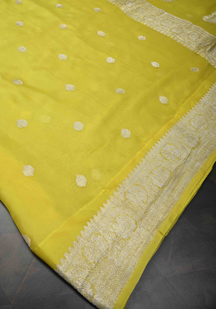 Yellow Pure Chiffon Silk Saree with Silver tone Zari Buttas and Border | SILK MARK CERTIFIED