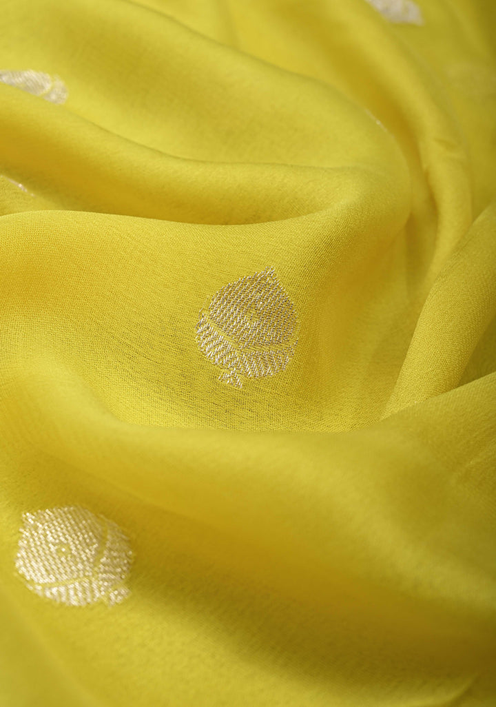 Yellow Pure Chiffon Silk Saree with Silver tone Zari Buttas and Border | SILK MARK CERTIFIED