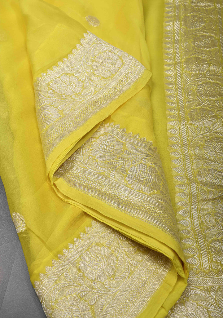 Yellow Pure Chiffon Silk Saree with Silver tone Zari Buttas and Border | SILK MARK CERTIFIED