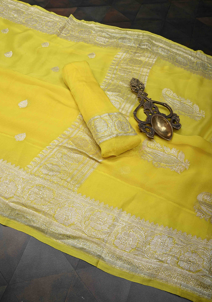 Yellow Pure Chiffon Silk Saree with Silver tone Zari Buttas and Border | SILK MARK CERTIFIED