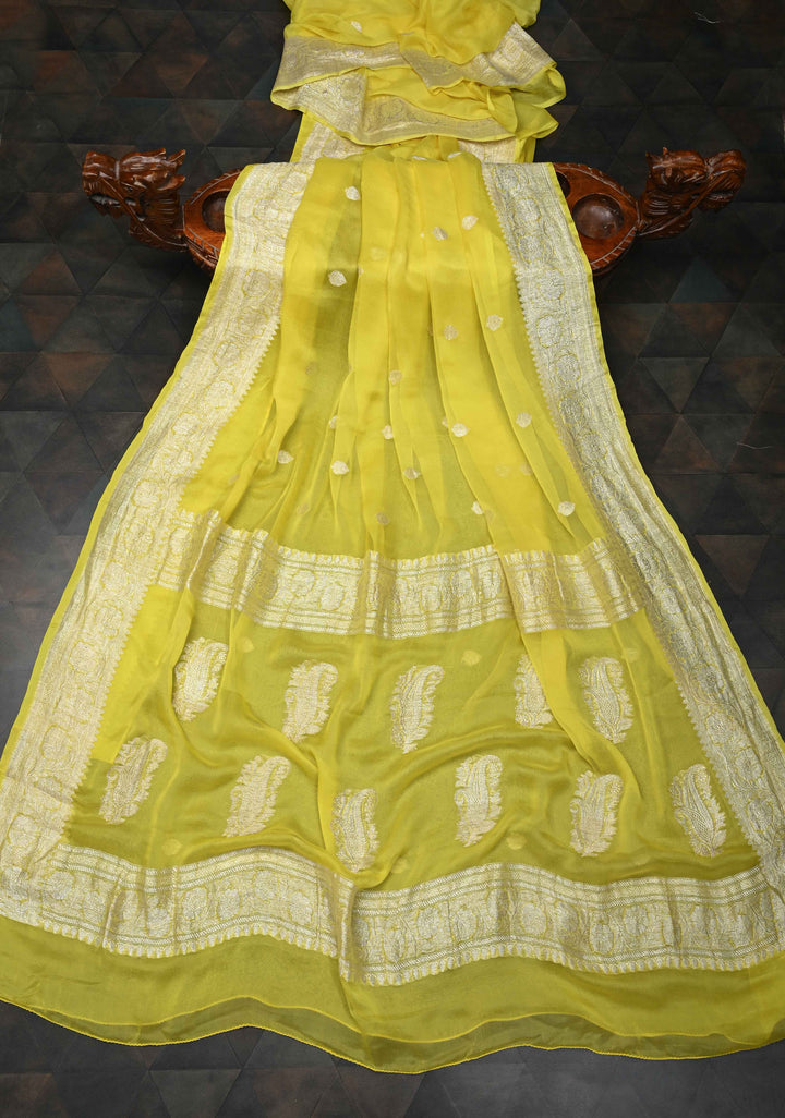 Yellow Pure Chiffon Silk Saree with Silver tone Zari Buttas and Border | SILK MARK CERTIFIED