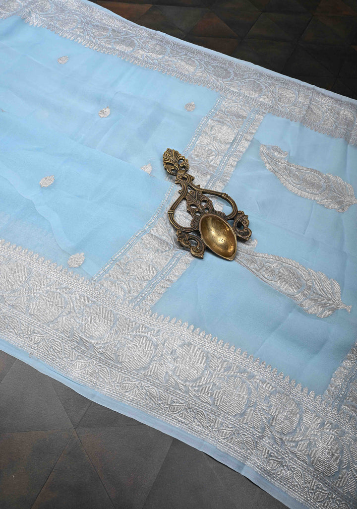 Powder Blue Pure Chiffon Silk Saree with Silver tone Zari Buttas and Border | SILK MARK CERTIFIED
