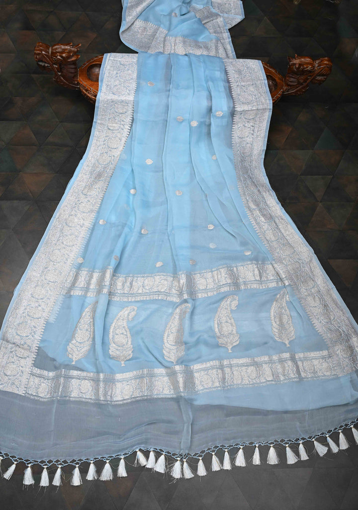 Powder Blue Pure Chiffon Silk Saree with Silver tone Zari Buttas and Border | SILK MARK CERTIFIED