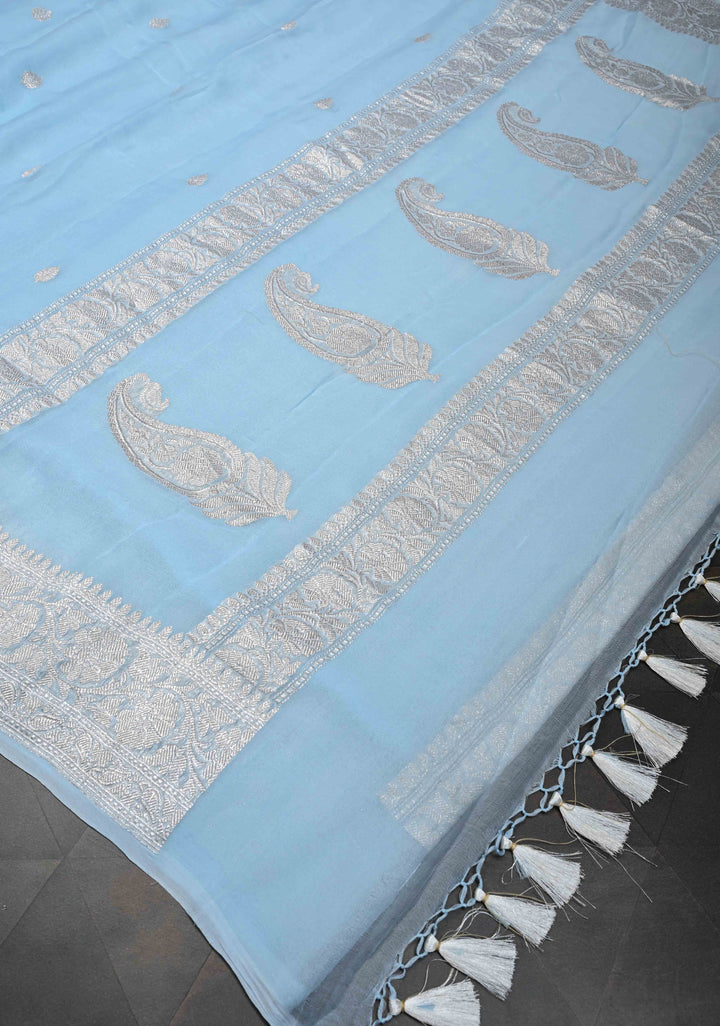Powder Blue Pure Chiffon Silk Saree with Silver tone Zari Buttas and Border | SILK MARK CERTIFIED