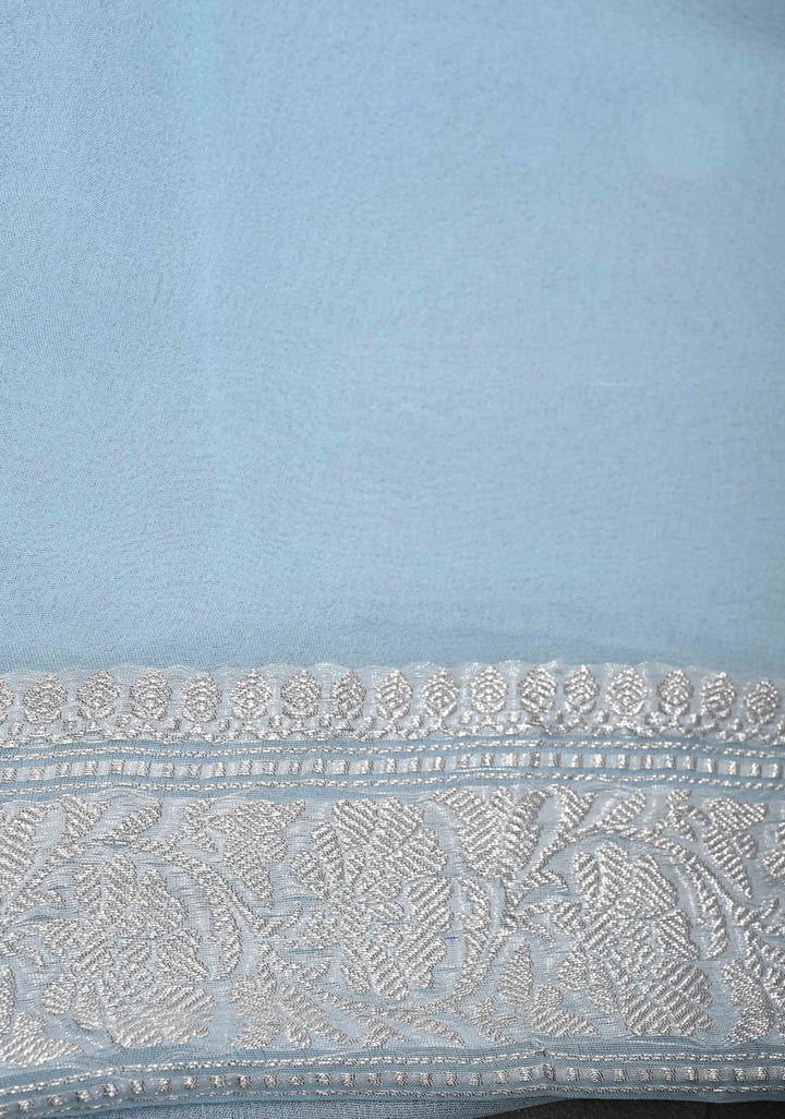 Powder Blue Pure Chiffon Silk Saree with Silver tone Zari Buttas and Border | SILK MARK CERTIFIED