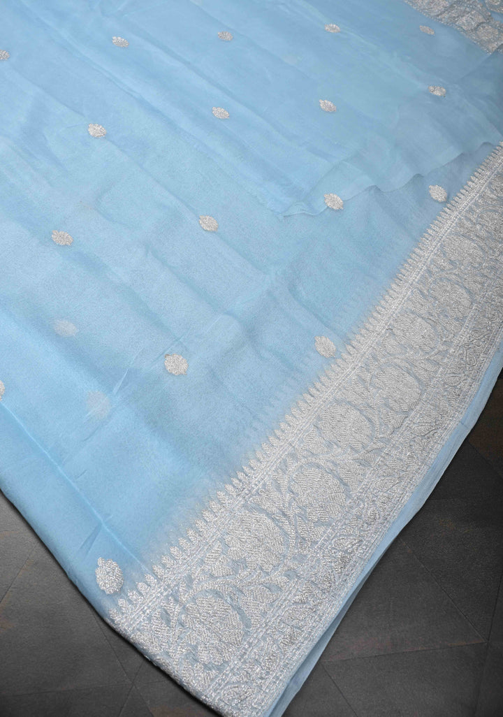 Powder Blue Pure Chiffon Silk Saree with Silver tone Zari Buttas and Border | SILK MARK CERTIFIED
