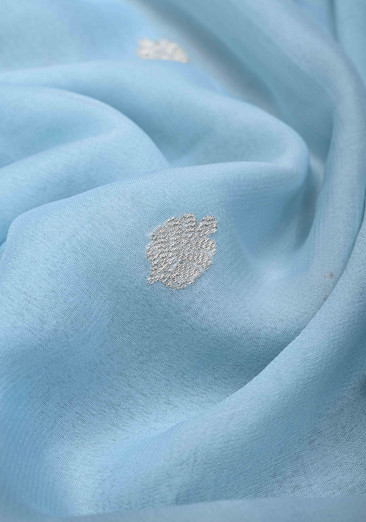 Powder Blue Pure Chiffon Silk Saree with Silver tone Zari Buttas and Border | SILK MARK CERTIFIED