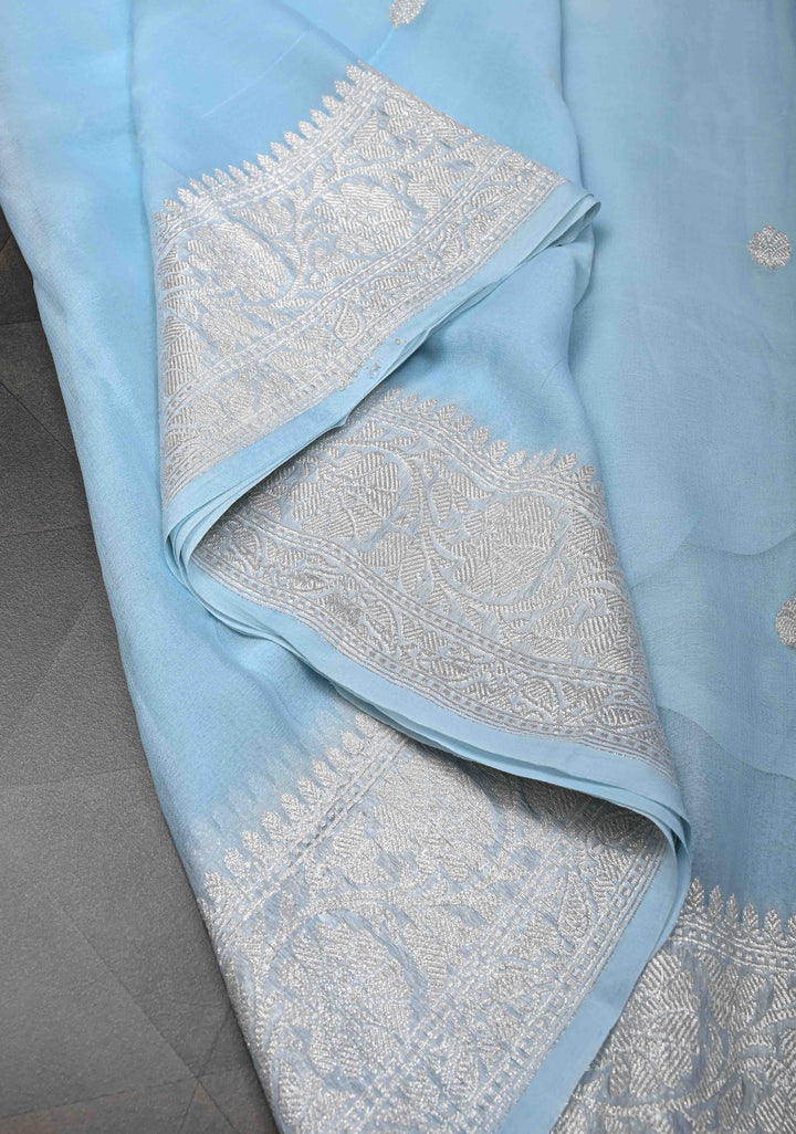 Powder Blue Pure Chiffon Silk Saree with Silver tone Zari Buttas and Border | SILK MARK CERTIFIED
