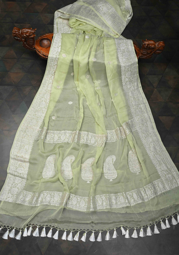 Tea Green Pure Chiffon Silk Saree with Silver tone Zari Buttas and Border | SILK MARK CERTIFIED