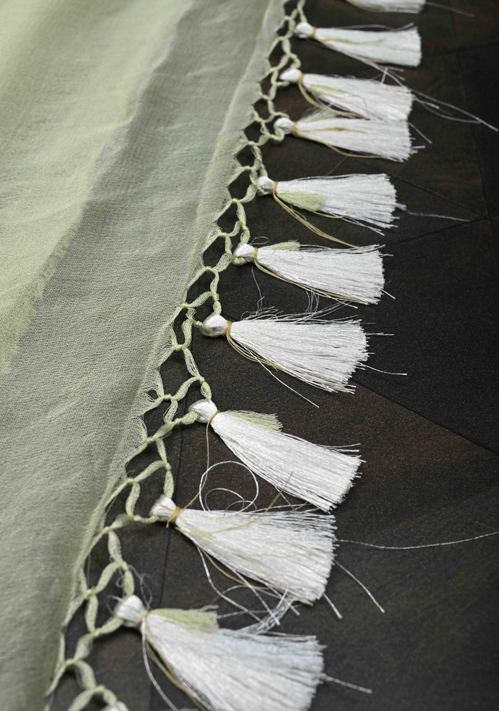 Tea Green Pure Chiffon Silk Saree with Silver tone Zari Buttas and Border | SILK MARK CERTIFIED