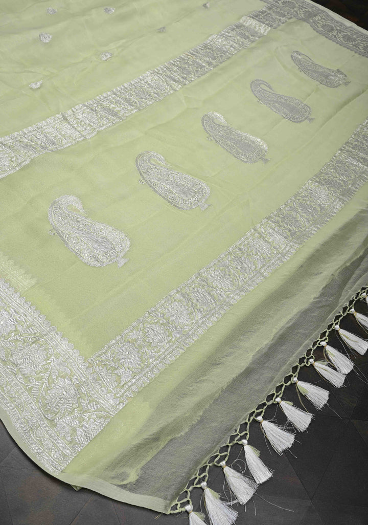 Tea Green Pure Chiffon Silk Saree with Silver tone Zari Buttas and Border | SILK MARK CERTIFIED