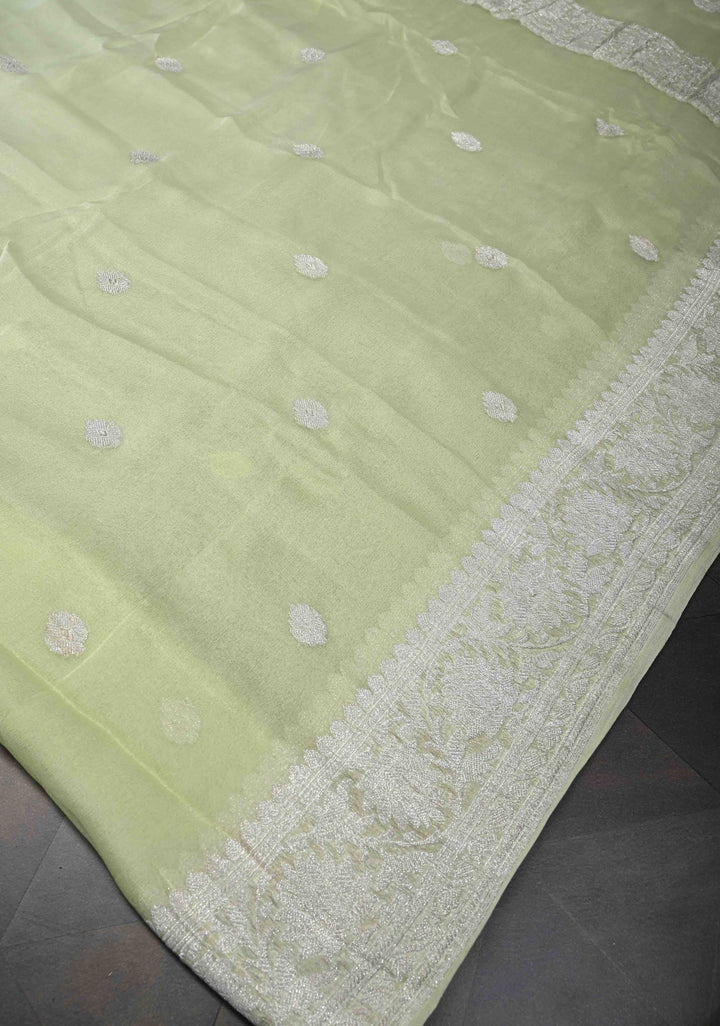 Tea Green Pure Chiffon Silk Saree with Silver tone Zari Buttas and Border | SILK MARK CERTIFIED