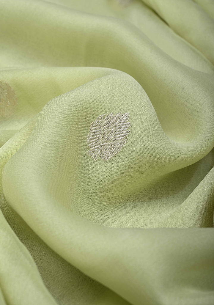 Tea Green Pure Chiffon Silk Saree with Silver tone Zari Buttas and Border | SILK MARK CERTIFIED