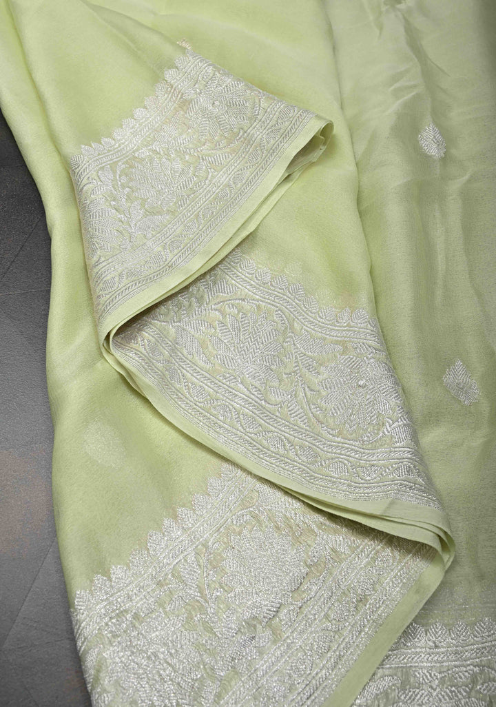 Tea Green Pure Chiffon Silk Saree with Silver tone Zari Buttas and Border | SILK MARK CERTIFIED