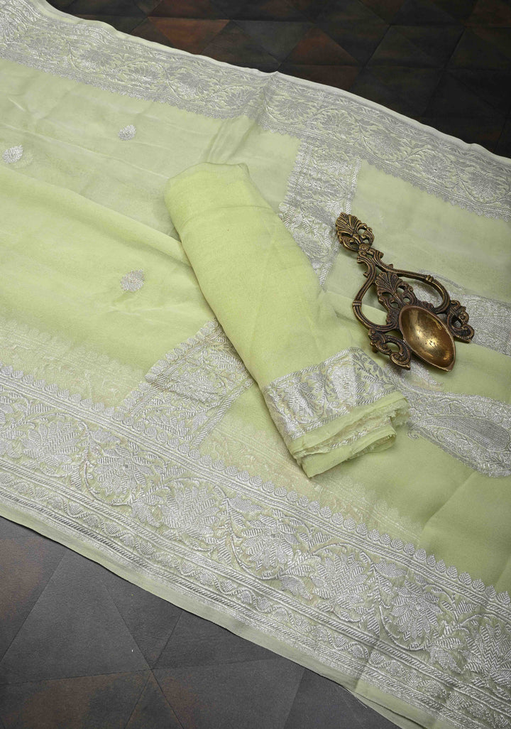 Tea Green Pure Chiffon Silk Saree with Silver tone Zari Buttas and Border | SILK MARK CERTIFIED