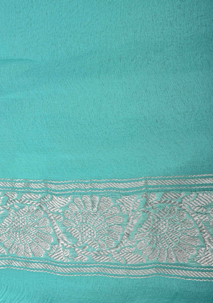 Lagoon blue Pure Chiffon Silk Saree with Silver tone Zari Buttas and Border | SILK MARK CERTIFIED
